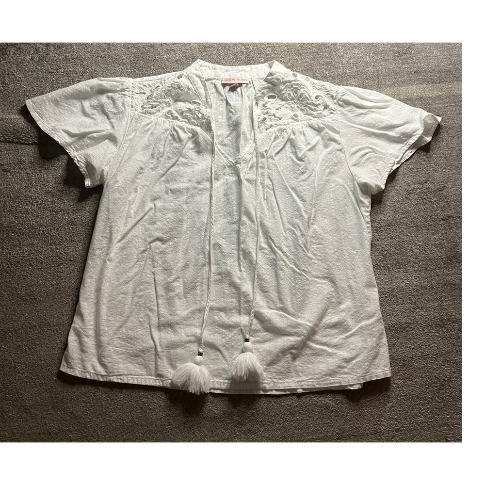 Knox Rose White Eyelet Boho Blouse Tassel Tie Short Sleeve Small Bohemian
